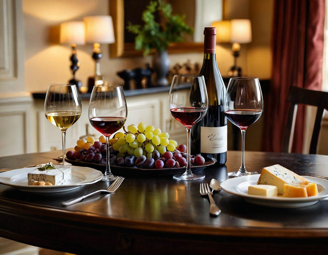 A stylish table setting featuring a pair of elegant Cazal glasses filled with red and white wine, reflecting a warm golden light. Surrounding the glasses, an array of gourmet cheese and grapes enhances the atmosphere of sophistication. In the background, a chic dining area with soft lighting exudes luxury, inviting the viewer to savor the moment. The scene conveys a sense of refined elegance and lifestyle. super-realistic. vibrant colors. soft focus.
