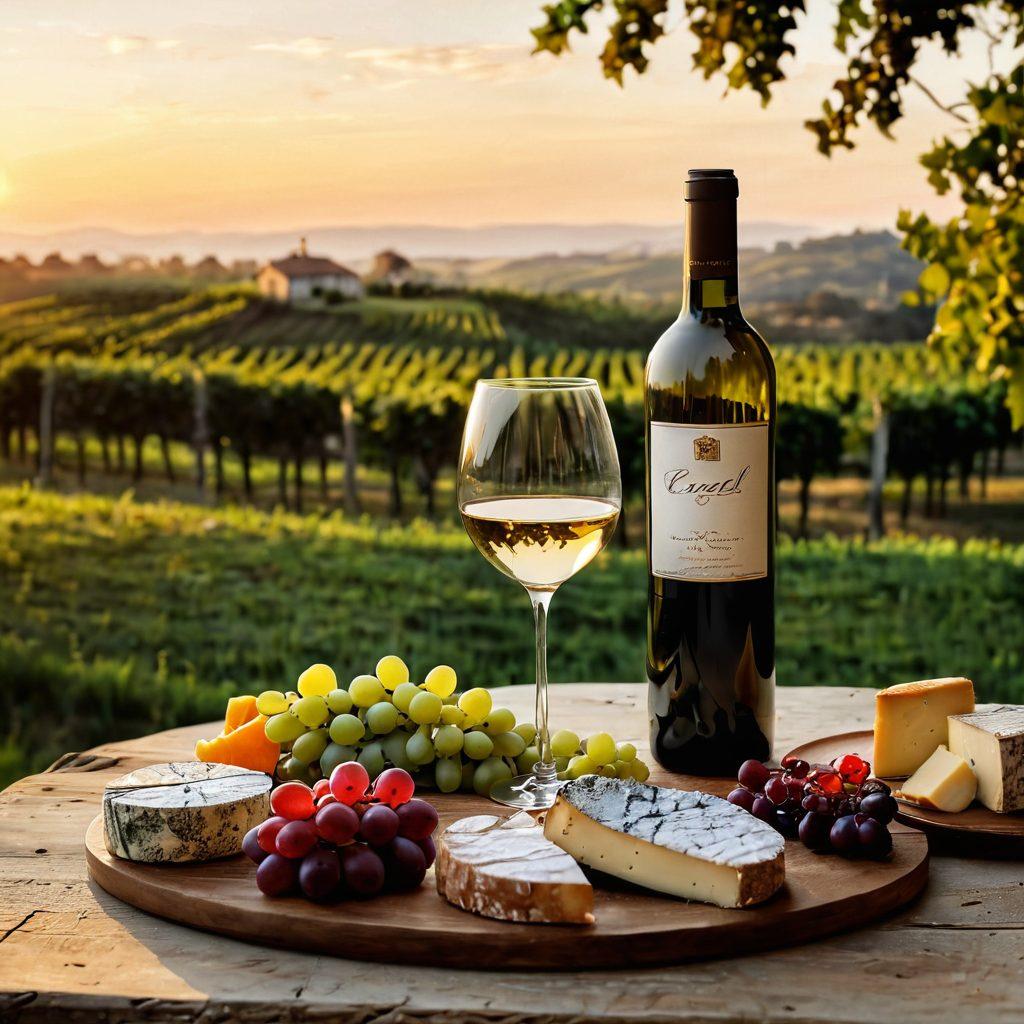 A beautifully arranged table featuring elegant Cazal wine glasses, filled with rich red and sparkling white wine. Surrounding the glasses are artisanal cheese, fresh fruits, and elegant candles casting a warm glow. The background shows a rustic vineyard in sunset light, enhancing the sophisticated atmosphere. super-realistic. vibrant colors. warm tones.
