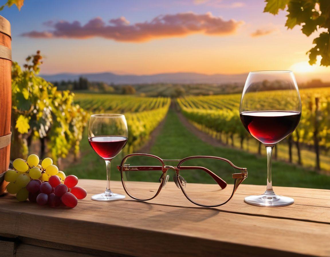A luxurious vineyard landscape at sunset with grape vines in the foreground, showcasing a stylish pair of Cazal eyewear elegantly placed on a rustic wooden table alongside a wine glass filled with red wine. In the background, a majestic wine barrel and a clear sky enhance the ambiance of sophistication and relaxation. The scene is inviting and colorful, inviting a drink in style. super-realistic. vibrant colors. warm tones.